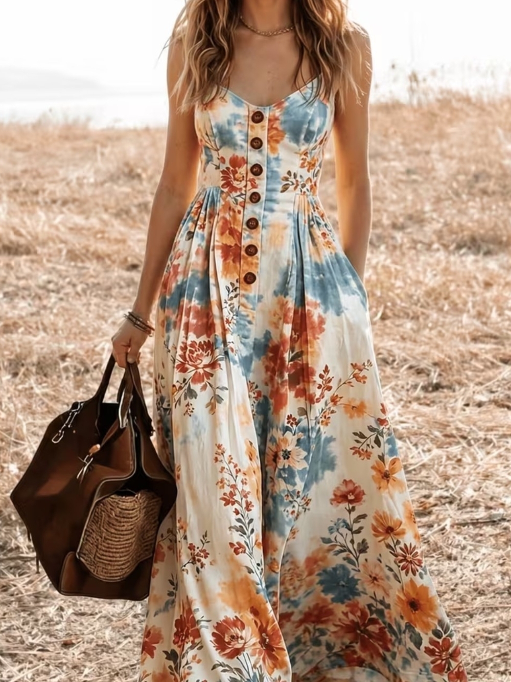 Floral Tie-Dye Button Front Maxi Dress - Blue & Rust